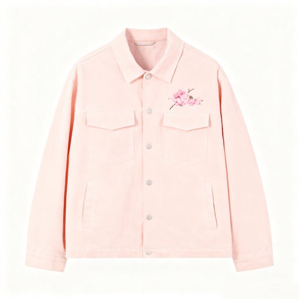 Women's Pink Denim Jacket with Cherry Blossom Embroidery