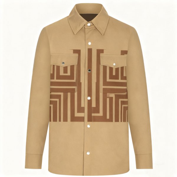 Men's Beige Long-Sleeve Shirt with Brown Maze Geometric Print
