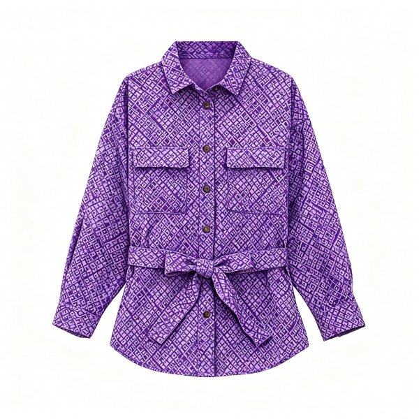 Women's Purple Belted Shirt with Geometric Pattern