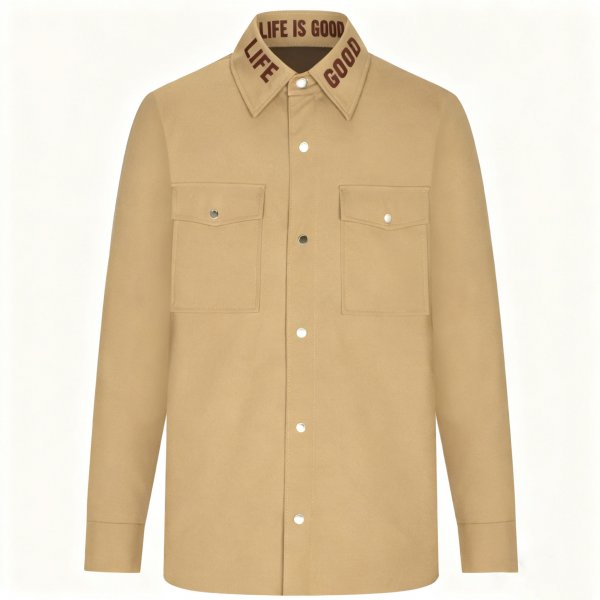 Men's Beige Long-Sleeve Shirt with "LIFE IS GOOD" Collar Print