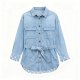 Women's Light Blue Denim Belted Shirt with Polka Dot Trim