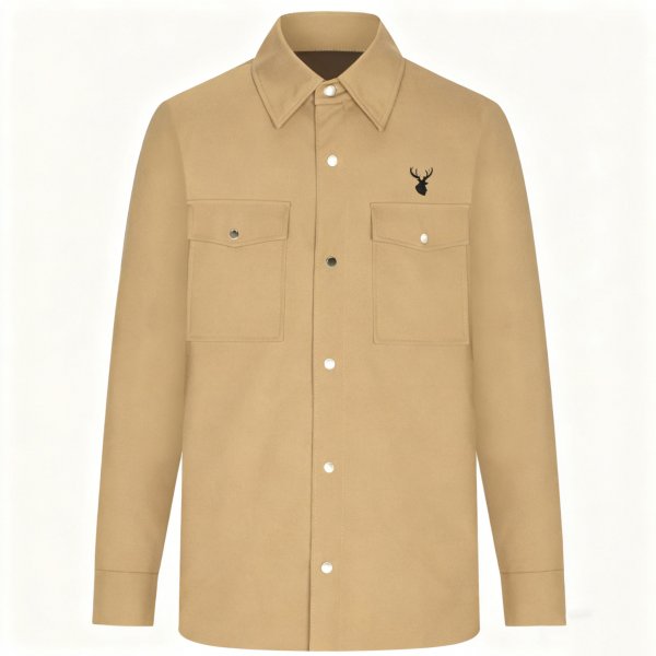 Men's Beige Long-Sleeve Shirt with Black Deer Embroidery