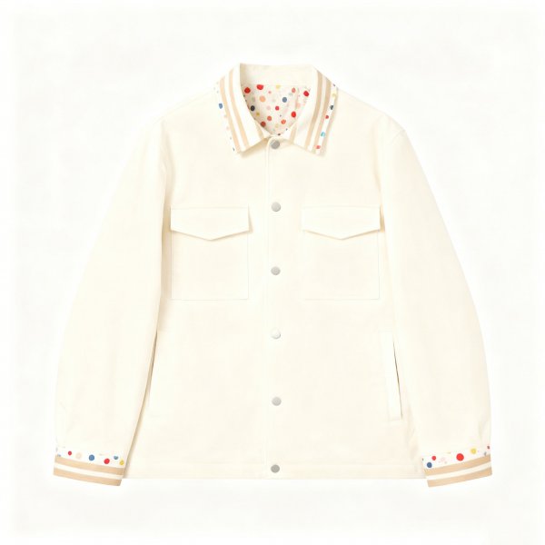 Women's Cream Jacket with Polka Dot & Stripe Collar/Cuff Trim