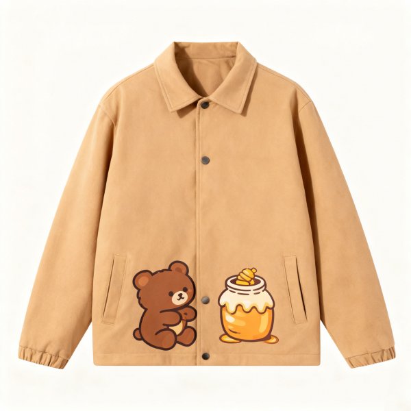 Women's Camel Jacket with Teddy Bear & Honey Jar Print