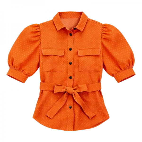 Orange Polka Dot Puff-Sleeve Belted Shirt