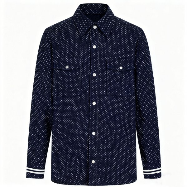Men's Navy Long-Sleeve Shirt with White Polka Dot Print