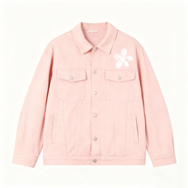 Women's Pink Denim Jacket with Large Cherry Blossom Embroidery